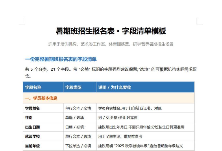 暑期班招生报名表模板：必填字段和容易漏的字段